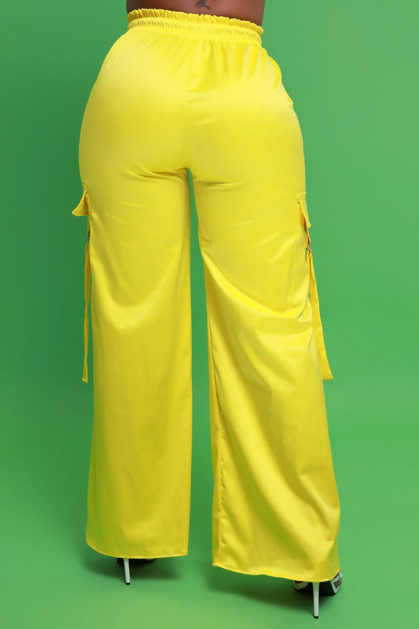 Satin Multi Pocket Long Cargo Pants - Yellow