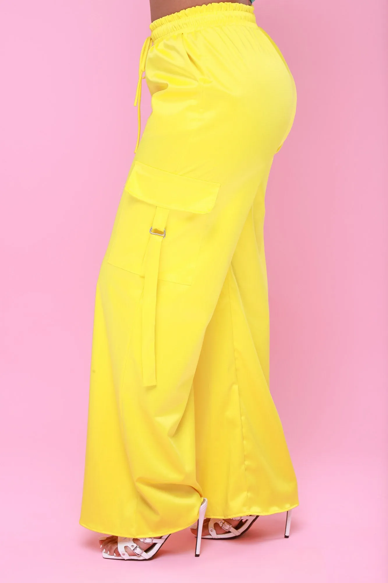 Satin Multi Pocket Long Cargo Pants - Yellow