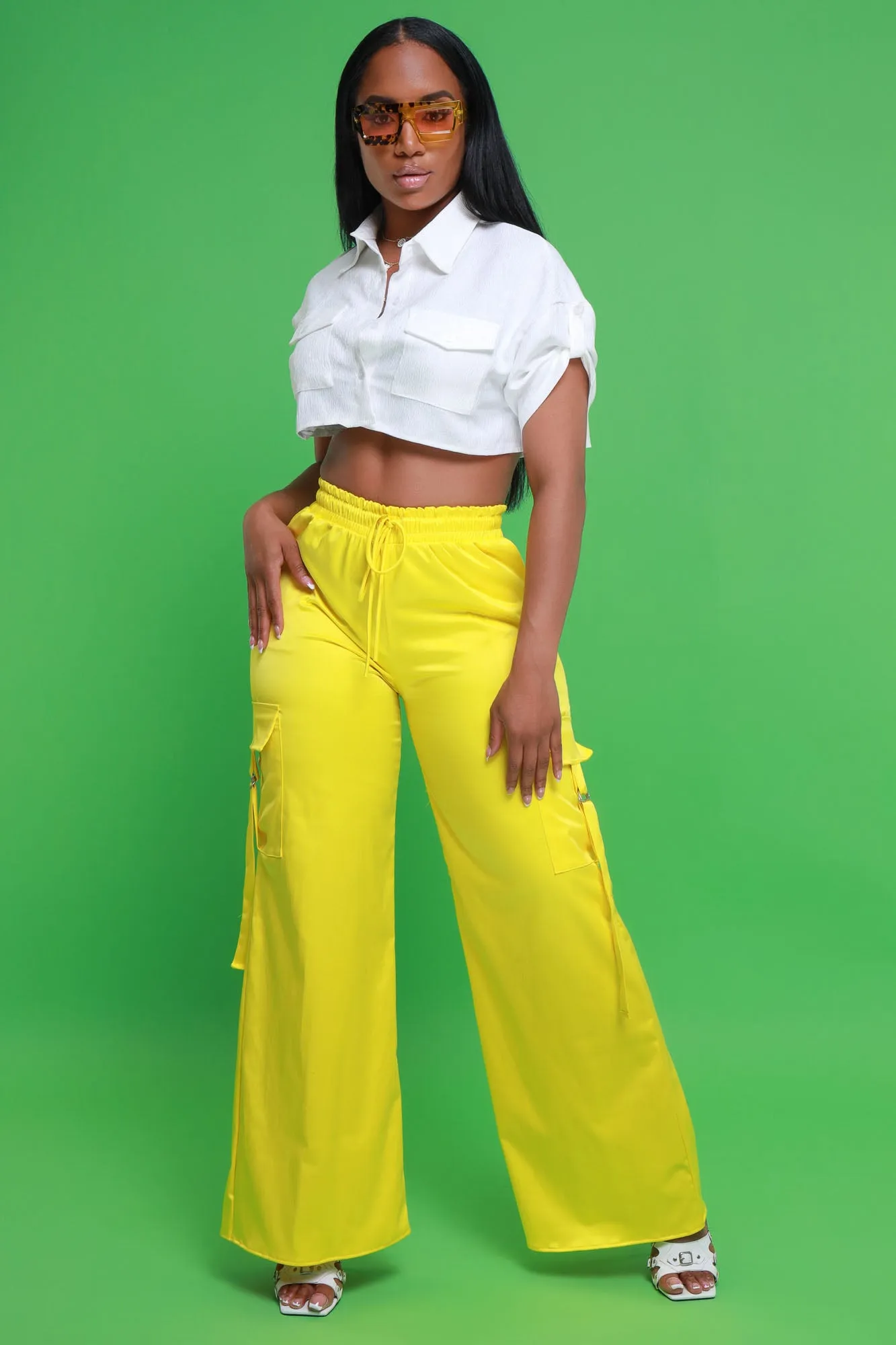 Satin Multi Pocket Long Cargo Pants - Yellow