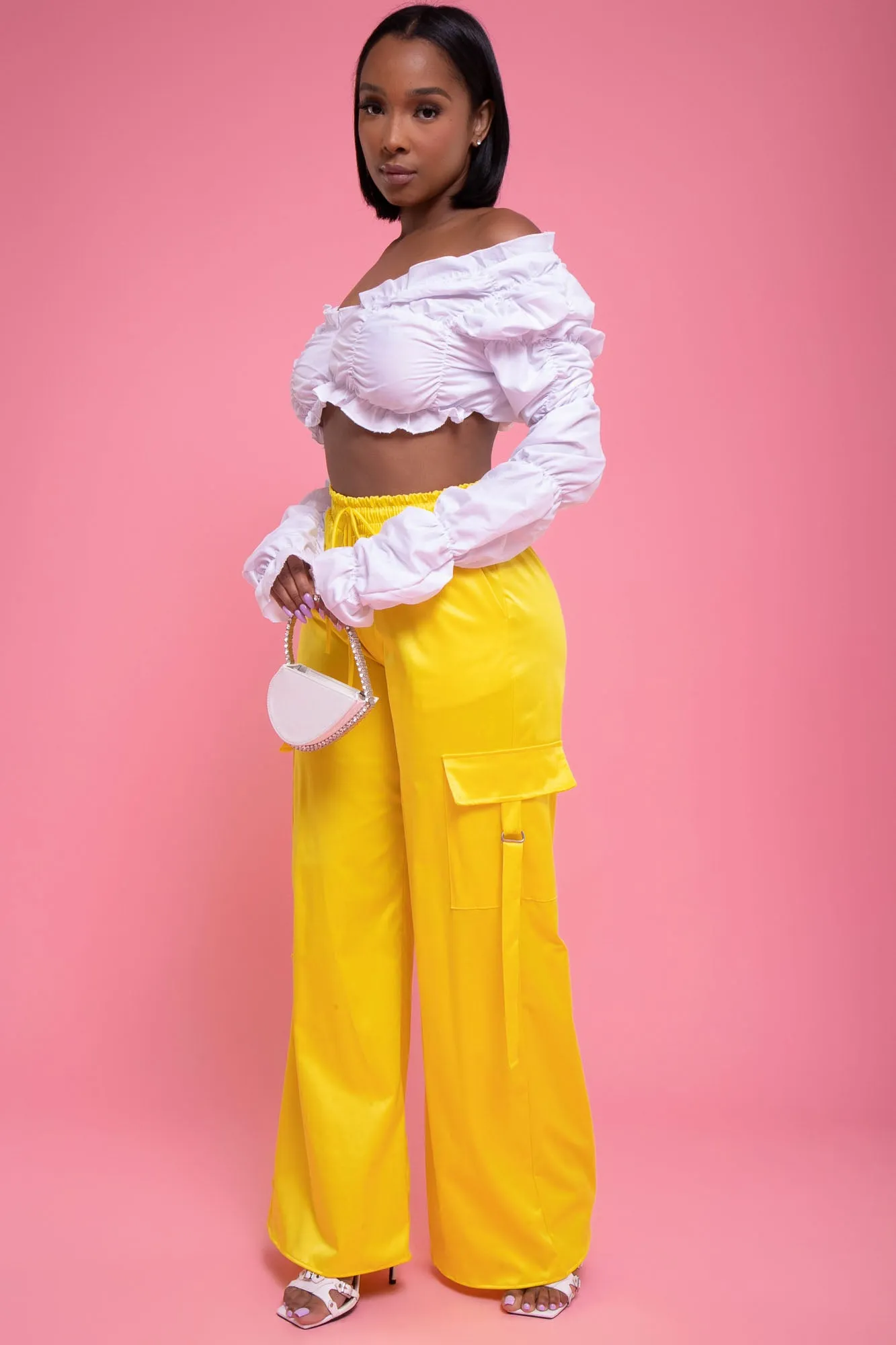 Satin Multi Pocket Long Cargo Pants - Yellow