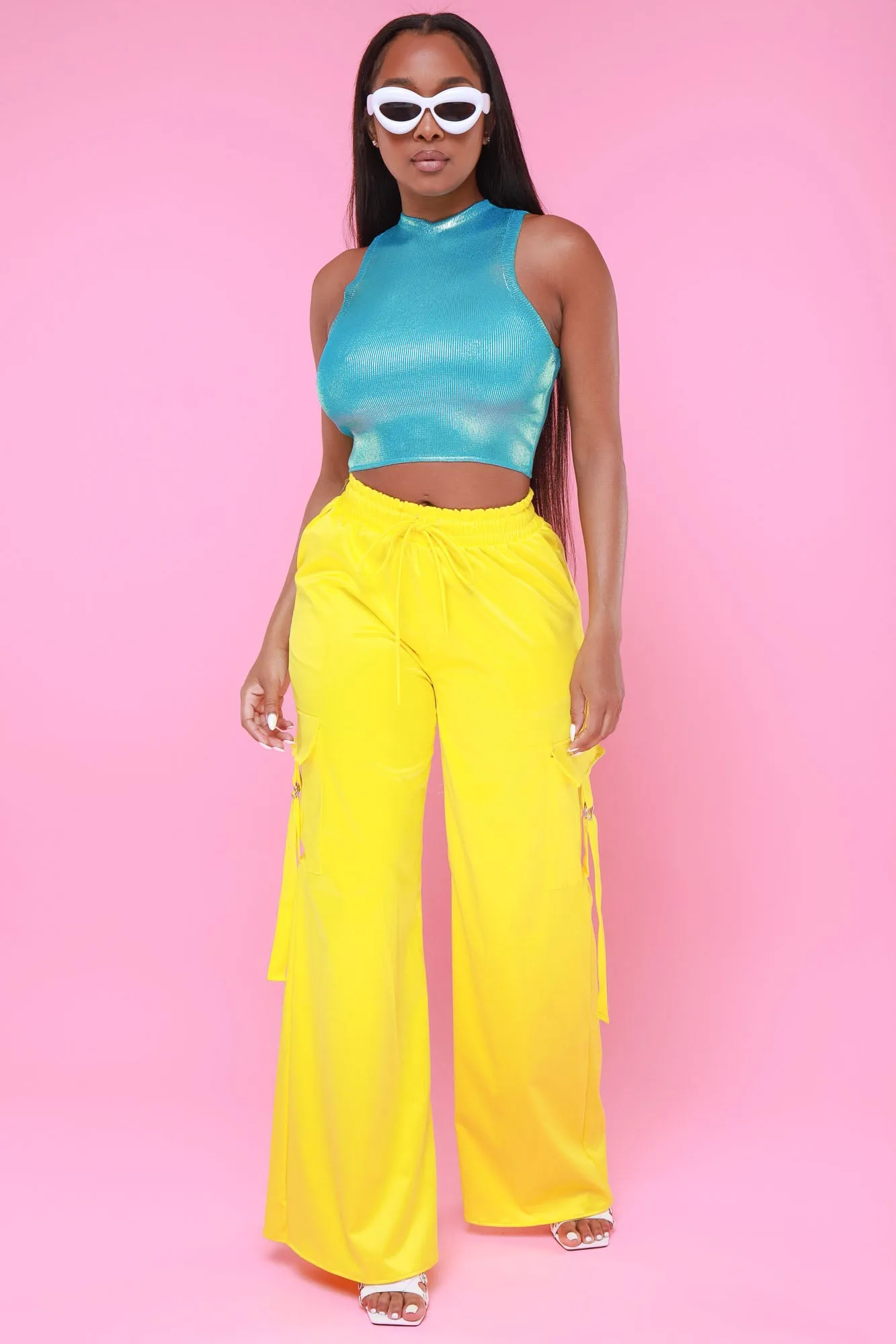 Satin Multi Pocket Long Cargo Pants - Yellow
