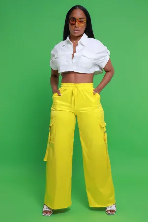 Satin Multi Pocket Long Cargo Pants - Yellow