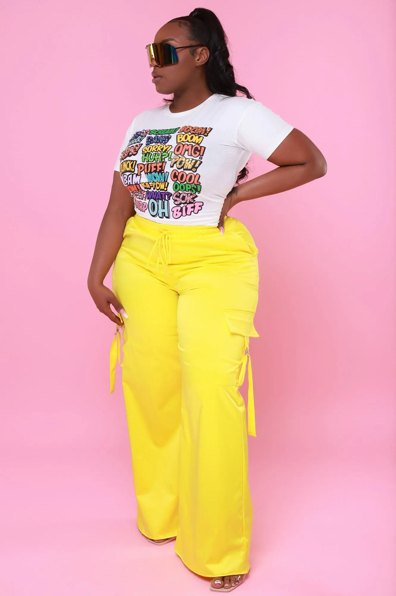 Satin Multi Pocket Long Cargo Pants - Yellow
