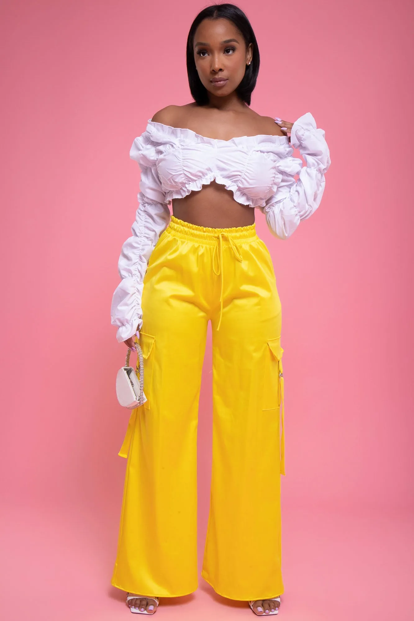Satin Multi Pocket Long Cargo Pants - Yellow