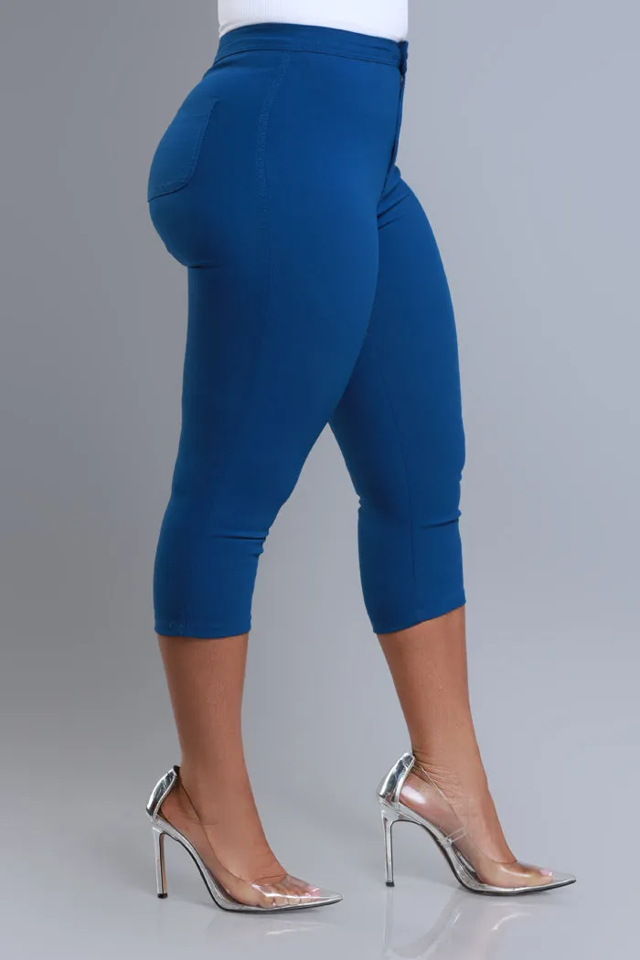 Super Swank High Rise Stretchy Capri Pants - Ocean Blue