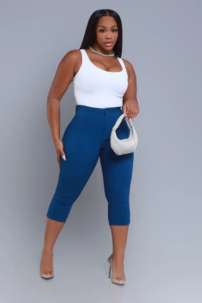 Super Swank High Rise Stretchy Capri Pants - Ocean Blue