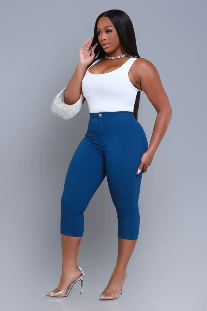Super Swank High Rise Stretchy Capri Pants - Ocean Blue