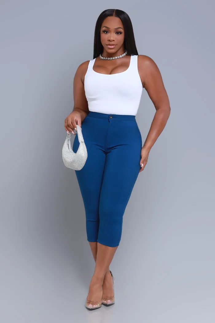 Super Swank High Rise Stretchy Capri Pants - Ocean Blue