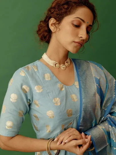 Women Banarasi Silk Vneck Straight Fit Suit Set Blue