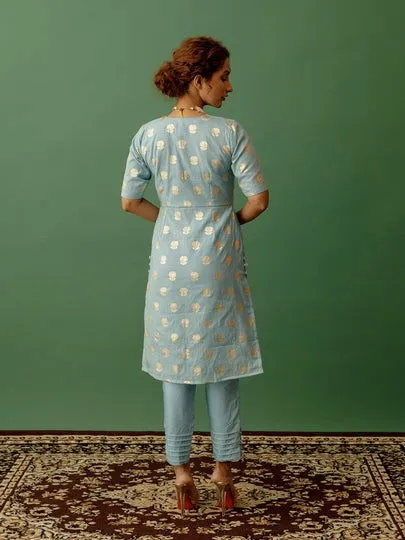 Women Banarasi Silk Vneck Straight Fit Suit Set Blue