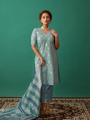 Women Banarasi Silk Vneck Straight Fit Suit Set Blue