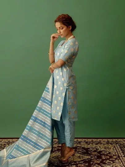 Women Banarasi Silk Vneck Straight Fit Suit Set Blue