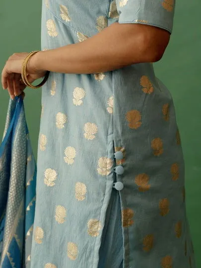 Women Banarasi Silk Vneck Straight Fit Suit Set Blue