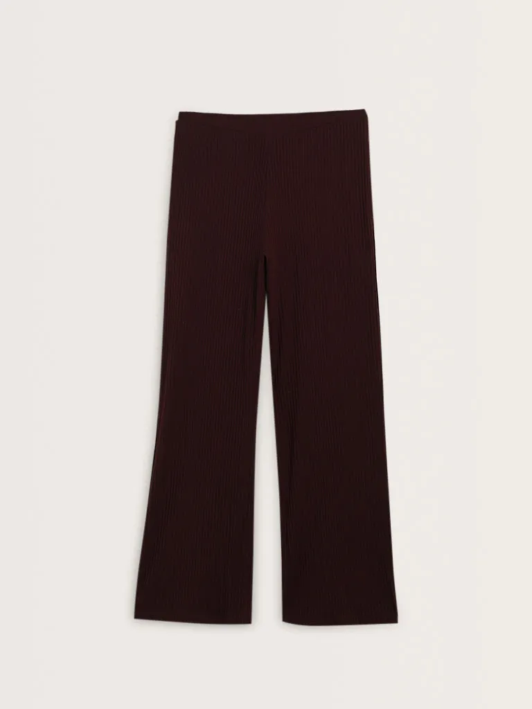 Wunderlove Burgundy Ribbed High-Rise Pants